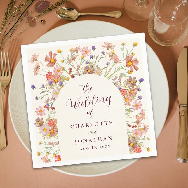 Boho Fall Rustic Floral Arch Wedding Napkin (Boho fall rustic wildflower floral arch ivory cream and burgundy script wedding custom paper napkins)