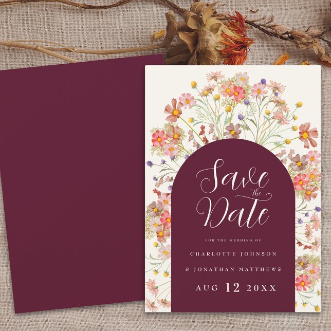 Boho Fall Rustic Floral Wildflower Wedding Save The Date (Floral wildflower arch boho fall wedding save the date invitation elegant burgundy and ivory cream )
