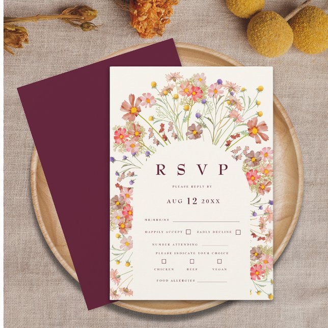 Boho Fall Rustic Wildflower Burgundy Wedding RSVP Card (Boho fall rustic wildflower floral arch burgundy and ivory cream wedding RSVP card)