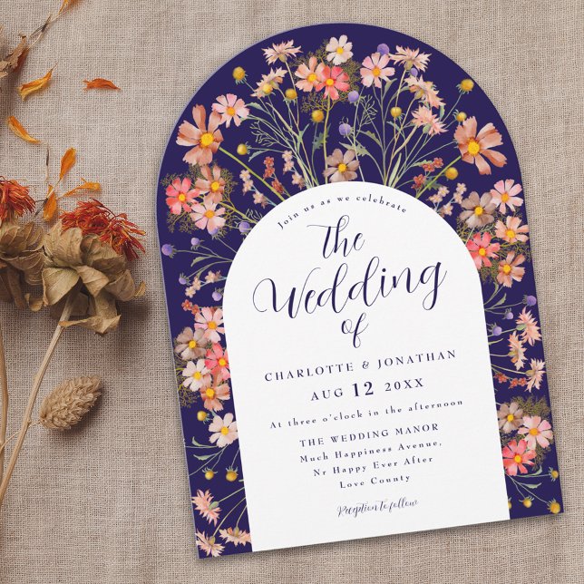 Boho Fall Rustic Wildflower Floral Arch Wedding Invitation (Boho fall rustic wildflower floral arch navy blue and white wedding invitation Elegant script )