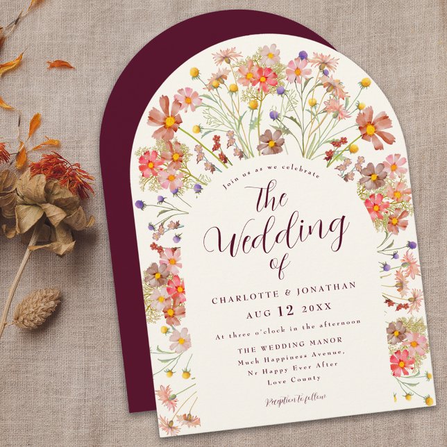 Boho Fall Rustic Wildflower Floral Arch Wedding Invitation (Boho Fall Rustic Wildflower Floral Arch burgundy and ivory cream Wedding invitation Watercolor )