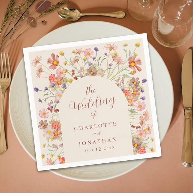 Boho Fall Rustic Wildflower Floral Arch Wedding Napkin (Boho fall rustic wildflower floral arch terracotta and beige wedding custom napkin Modern script)