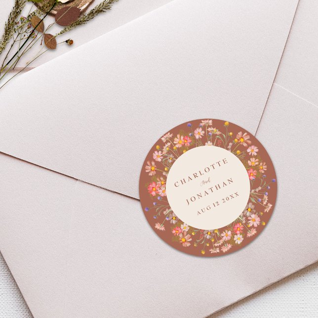 Boho Fall Rustic Wildflower Floral Wedding Classic Round Sticker (Boho fall rustic wildflower floral burnt Orange terracotta beige custom wedding stickers)