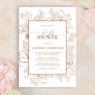 Boho Fall Terracotta Floral Line Art Baby In Bloom Invitation