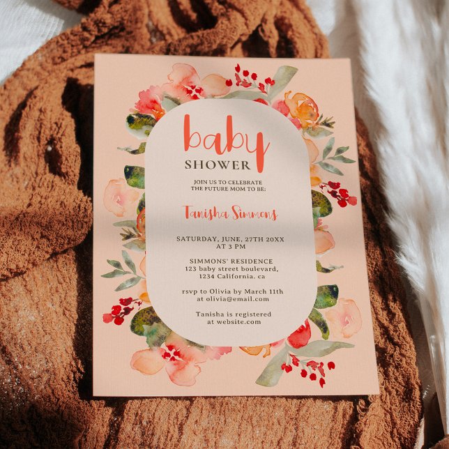 Boho fall terracotta floral script baby shower invitation (Boho fall terracotta floral script baby shower invitation on light pink)