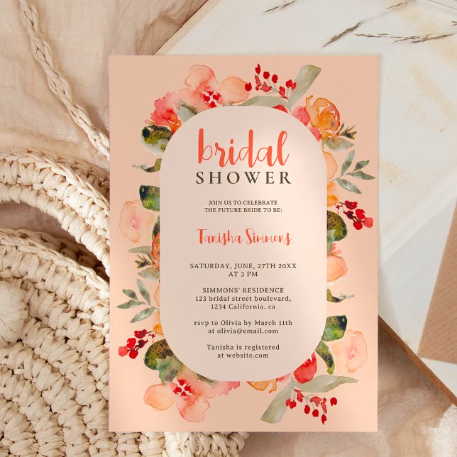 Boho fall terracotta floral script bridal shower invitation (Boho fall terracotta floral script bridal shower invitation on pastel pink)