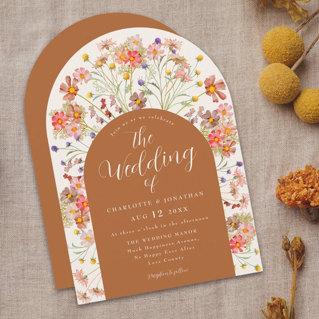 Boho Fall Wildflower Arch Terracotta Wedding Invitation (watercolor floral rustic boho fall wedding invitation whimsical wildflower arch autumn fall colors)