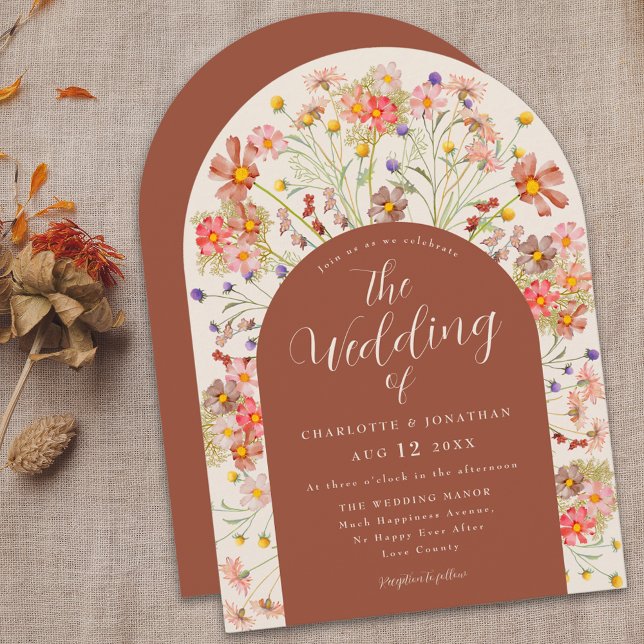 Boho Fall Wildflower Arch Terracotta Wedding Invitation (Boho fall rustic wildflowers floral arch burnt orange terracotta and beige wedding invitation )