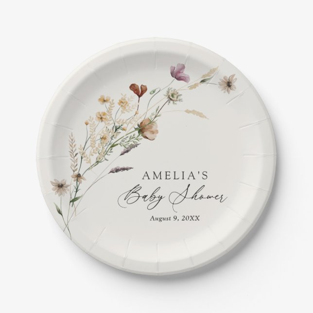 Boho Fall Wildflower Baby Shower Paper Plate (Front)