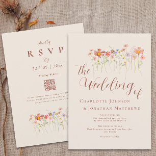 Boho Fall Wildflower Beige Terracotta QR Code Invitation