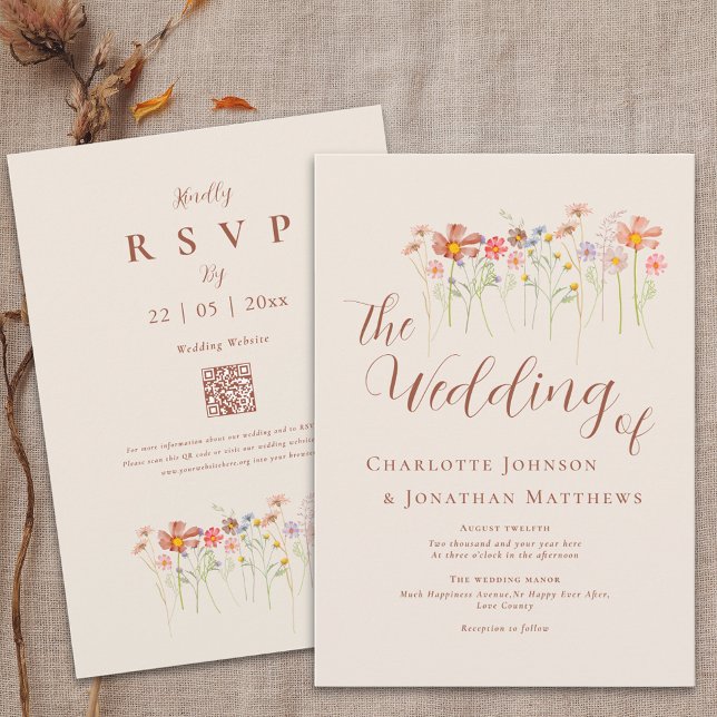 Boho Fall Wildflower Beige Terracotta QR Code Invitation (Boho rustic wildflower floral beige terracotta wedding qr code invitation Watercolor meadow flowers)