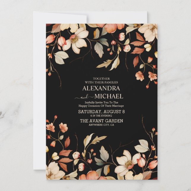 Boho Fall Wildflower Black Wedding Invitation (Front)