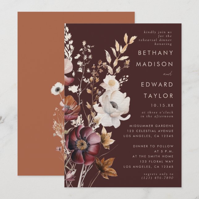 Boho Fall Wildflower Brown Rehearsal Dinner Invitation (Front/Back)