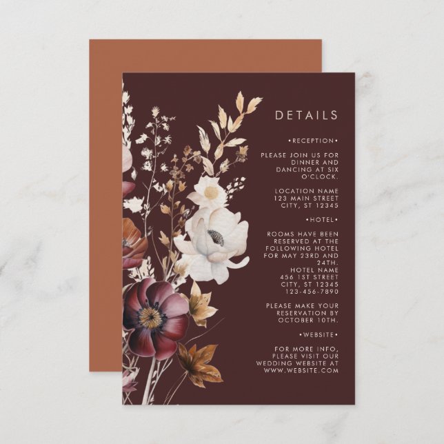 Boho Fall Wildflower Brown Wedding Enclosure Card (Front/Back)