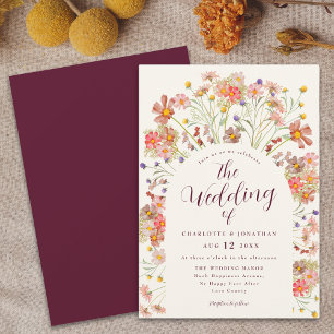 Boho Fall Wildflower Burgundy and Cream Wedding Invitation