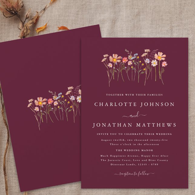 Boho Fall Wildflower Burgundy & Terracotta Wedding Invitation (Boho fall wildflower meadow burgundy terracotta wedding invitation watercolor florals elegant modern)
