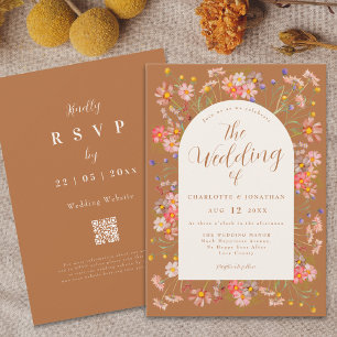 Boho Fall Wildflower Burnt Orange Wedding Invitation
