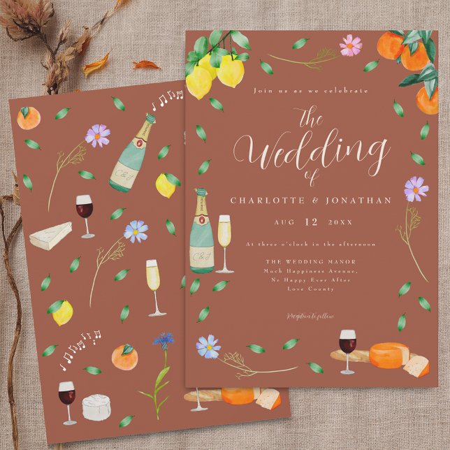 Boho Fall Wildflower Citrus Terracotta Wedding Invitation (Boho fall floral citrus terracotta wedding invitation Lemons oranges citrus fruits wine & cheese)