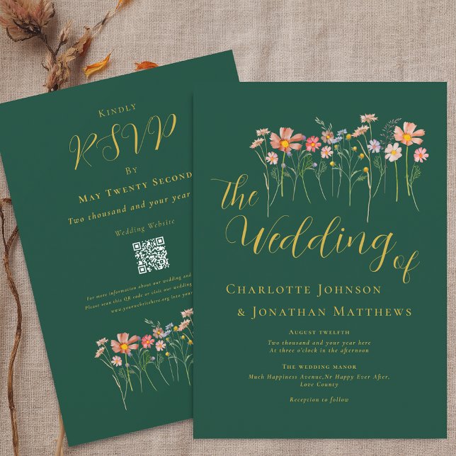 Boho Fall Wildflower Dark Green Gold Rust QR Code Invitation (Boho fall Wildflower meadow dark green & gold Wedding qr code invitation Elegant script watercolor)