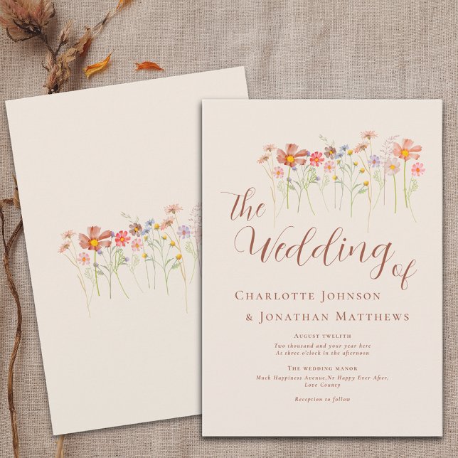 Boho Fall Wildflower Floral Beige Terracotta Invitation (wildflower wedding watercolor florals boho rustic fall flowers wedding elegant modern script autumn )