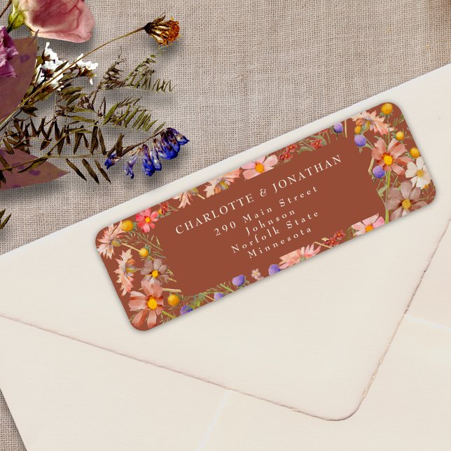 Boho Fall Wildflower Floral Burnt Orange Wedding (Boho wildflower rustic fall floral burnt Orange terracotta beige wedding return address label )