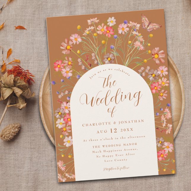 Boho Fall Wildflower Floral Butterfly Wedding Invitation (Boho fall wildflower butterfly terracotta floral arch wedding invitation watercolor burnt orange )