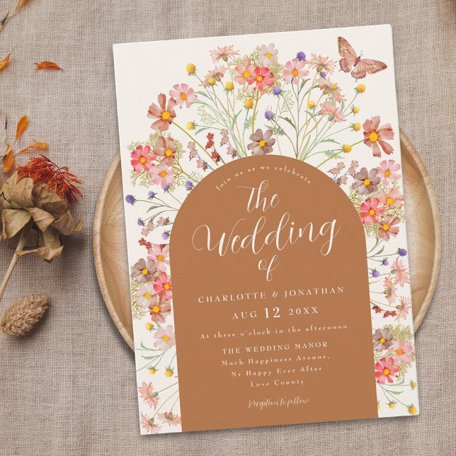 Boho Fall Wildflower Floral Butterfly Wedding Invitation (Boho fall Wildflower arch butterfly terracotta burnt orange Wedding invitation rustic country )