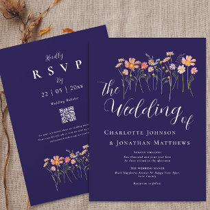 Boho Fall Wildflower Floral Navy Blue QR Code Invitation