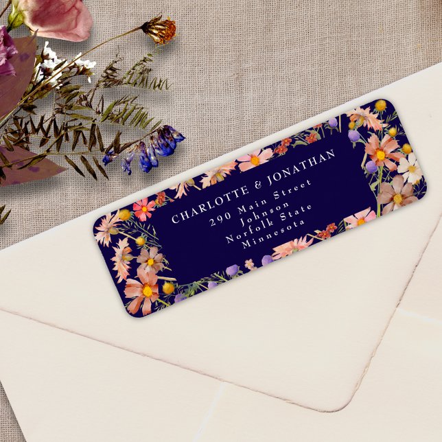 Boho Fall Wildflower Floral Navy Blue Wedding (Boho fall rustic wildflower floral navy blue and burnt orange wedding return address label sticker)