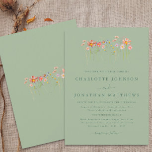 Boho Fall Wildflower Floral Sage Green Wedding Invitation