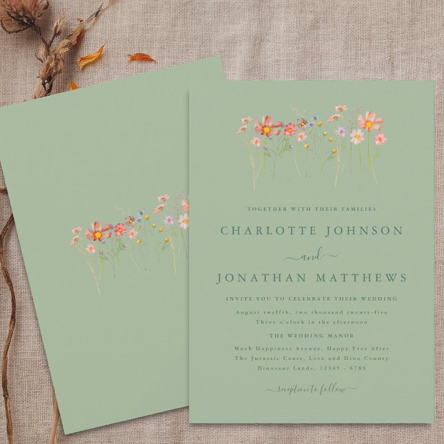 Boho Fall Wildflower Floral Sage Green Wedding Invitation (Boho fall Wildflower sage green floral Wedding invitation Watercolor flowers stylish modern)