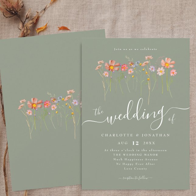 Boho Fall Wildflower Floral Sage Green Wedding Invitation (Boho fall Wildflower floral sage green Wedding invitation Whimsical elegant script watercolor flower)
