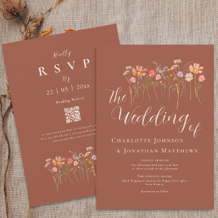 Boho Fall Wildflower Floral Terracotta QR Code Invitation