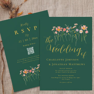 Boho Fall Wildflower Green Gold QR Code Wedding Invitation