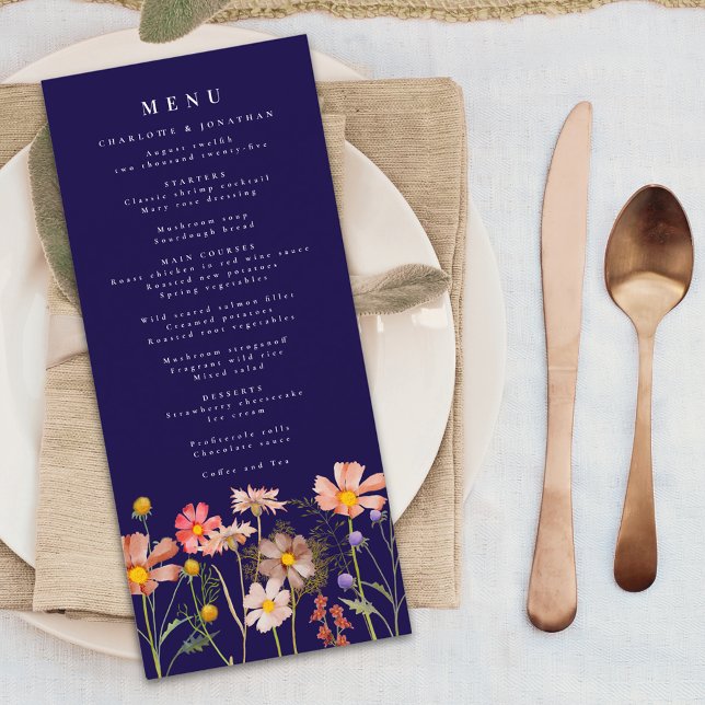 Boho Fall Wildflower Meadow Navy Blue Wedding Menu (Boho fall wildflower meadow elegant navy blue wedding menu card autumn Watercolor flowers )
