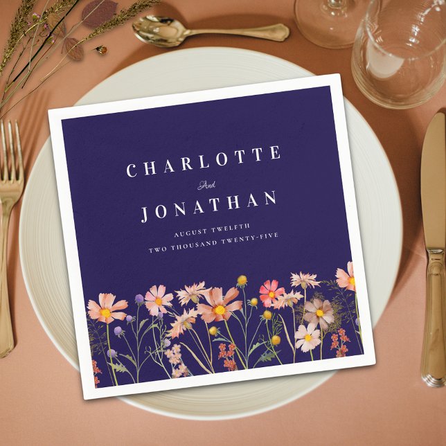 Boho Fall Wildflower Meadow Navy Blue Wedding Napkin (Boho fall wildflower meadow  floral navy blue and white wedding custom napkins Modern elegant )