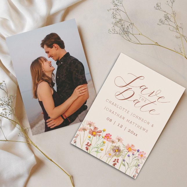 Boho Fall Wildflower Meadow Photo Wedding Save The Date (Boho chic wildflower meadow watercolor rustic florals photo wedding save the date card)