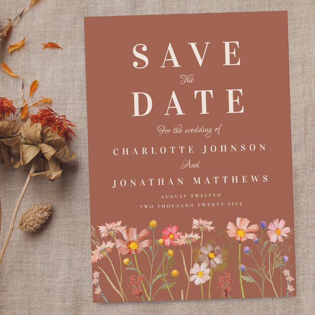 Boho Fall Wildflower Meadow Terracotta Wedding Save The Date (Wildflower meadow boho fall floral terracotta rust photo wedding save the date invitation )