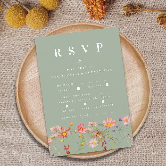 Boho Fall Wildflower Meal Options Wedding RSVP Card (Boho fall wildflower floral sage green wedding RSVP card with meal options and food allergies )
