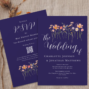 Boho Fall Wildflower Navy Blue Terracotta QR Code Invitation