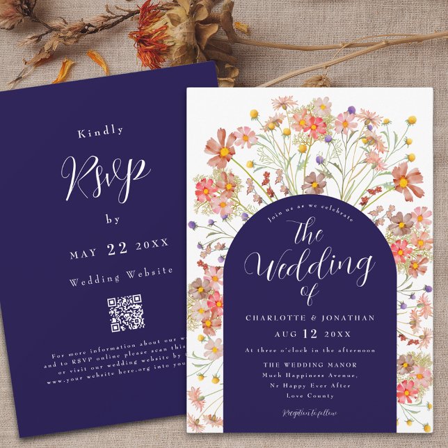 Boho Fall Wildflower Navy Blue White Wedding Invitation (Boho fall rustic wildflowers flora; arch navy blue and white wedding qr code invitation Watercolor)