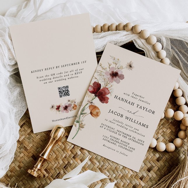 Boho Fall Wildflower QR Code RSVP Wedding Invitation (Creator Uploaded)