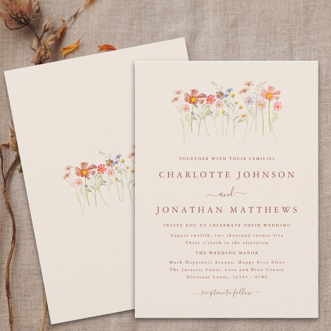 Boho Fall Wildflower Terracotta Beige Wedding Invitation (Boho fall Wildflower floral beige terracotta Wedding invitation Watercolor garden flowers elegant)