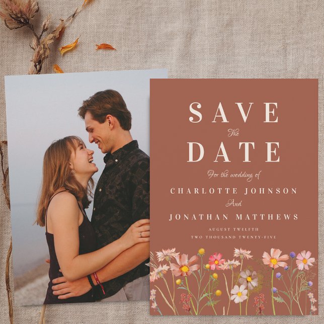 Boho Fall Wildflower Terracotta Photo Wedding Save The Date (Wildflower meadow boho fall floral photo terracotta Wedding save the date invitation Elegant modern)