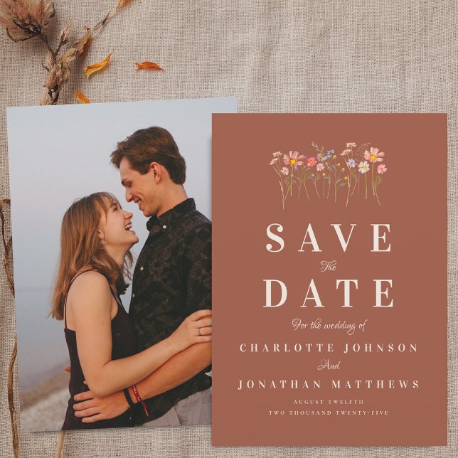 Boho Fall Wildflower Terracotta Photo Wedding Save The Date (Photo boho fall wildflower floral terracotta wedding save the date invitation Elegant modern)