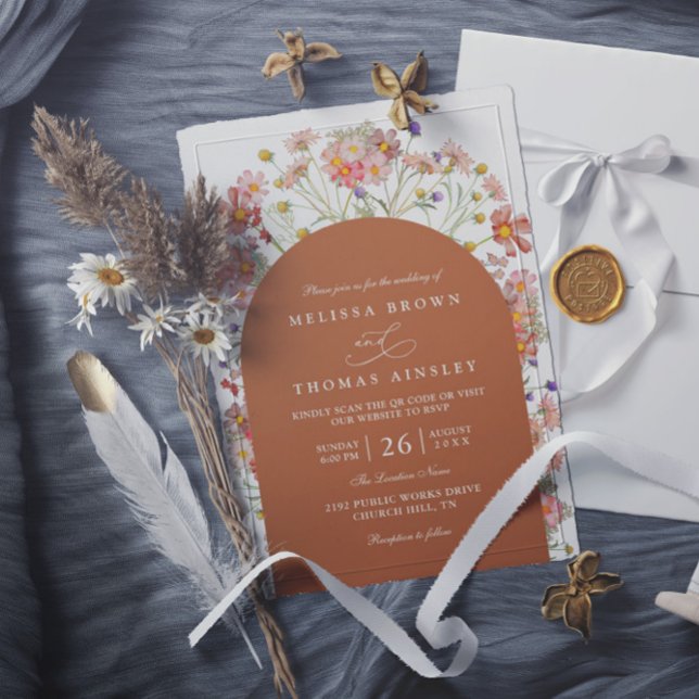 Boho Fall Wildflower Terracotta QR Code Wedding Invitation (Creator Uploaded)
