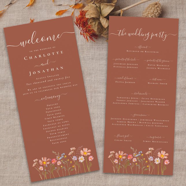 Boho Fall Wildflower Terracotta Wedding Ceremony Menu (Boho fall Wildflower meadow  floral terracotta rust Wedding ceremony program Elegant modern script)