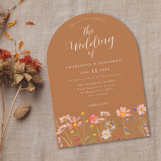 Boho Fall Wildflower Terracotta Wedding Invitation (Boho Wildflower meadow elegant arch terracotta burnt orange fall Wedding invitation )
