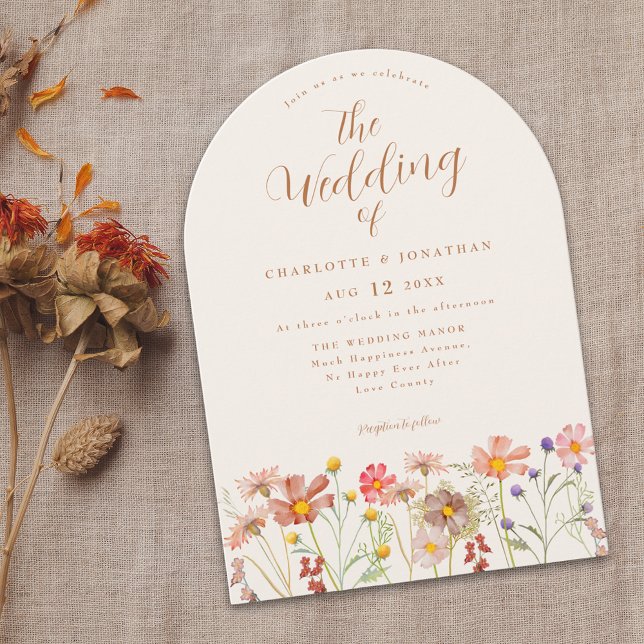Boho Fall Wildflower Terracotta Wedding Invitation (Boho fall wildflower country meadow wedding invitation with elegant script watercolor florals )
