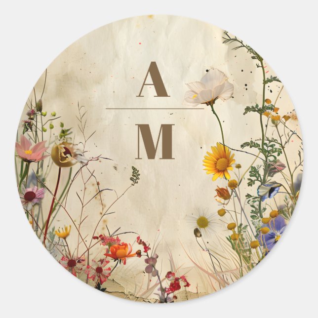 Boho Fall Wildflower Wedding Classic Round Sticker (Front)